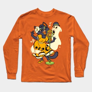 Halloween Black Cat & Ghost Singing Long Sleeve T-Shirt